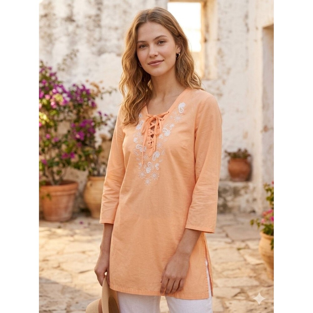 Old Navy Vintage 2006 Embroidered Lace Up Tunic Top Orange Boho Size L